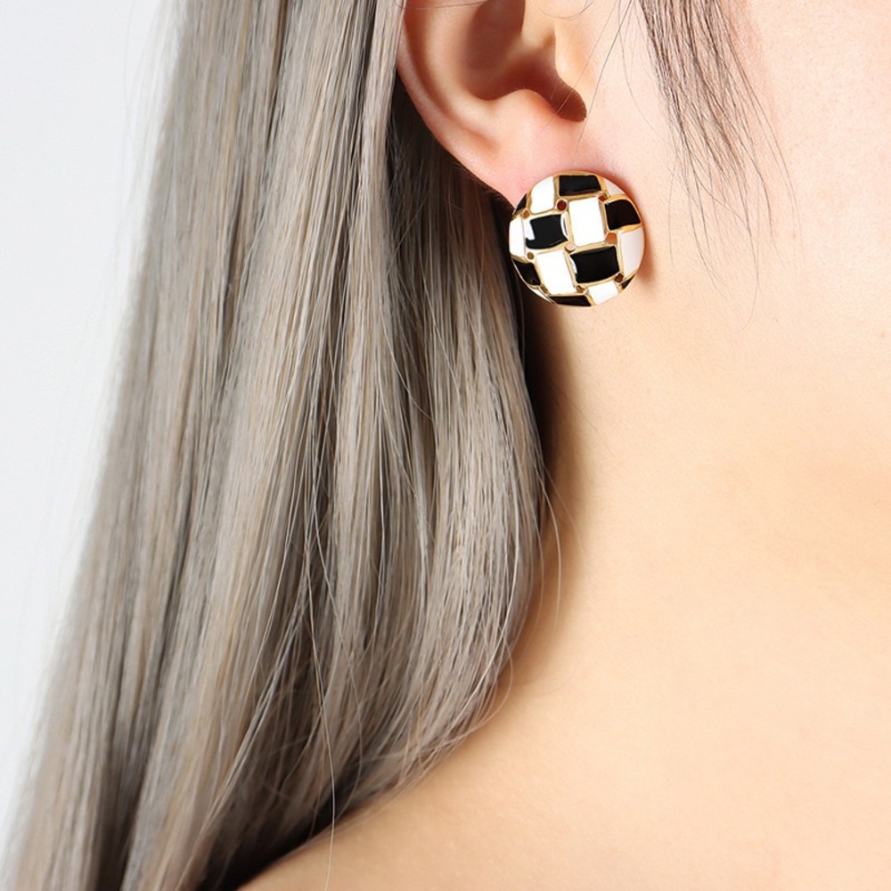 NEW💎18K Gold Plated Round Checkered Round Stud Earrings*Chunky Stud Earrings